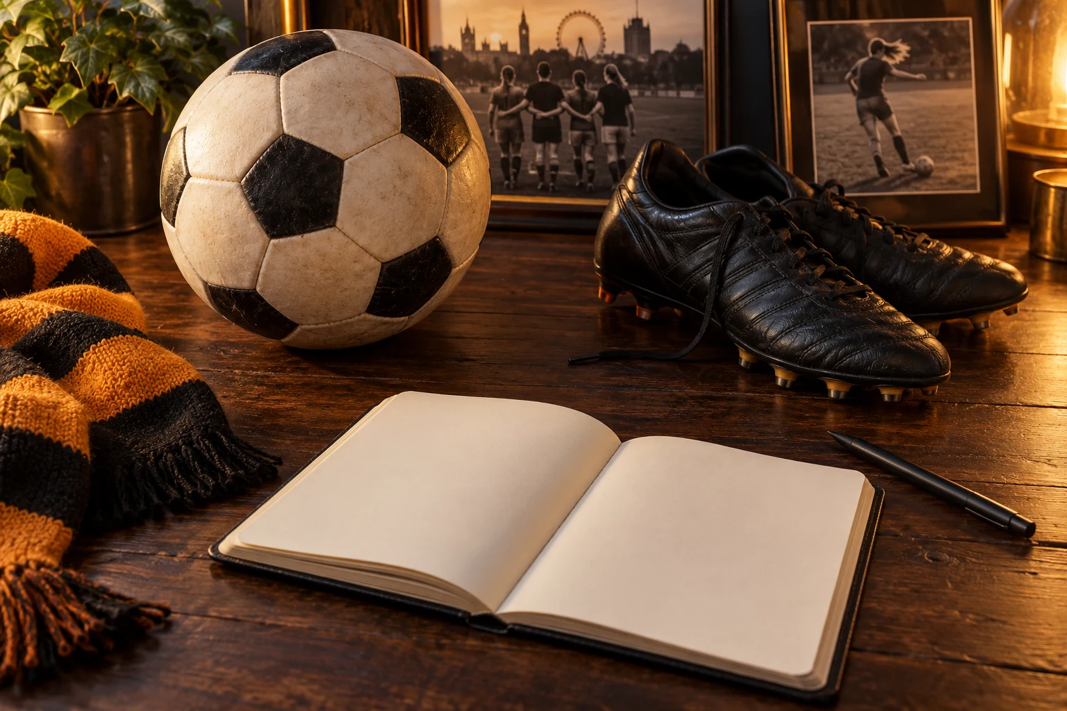 An unbranded football, boots and blank notebook with fictional framed football scenes; an editorial illustration.